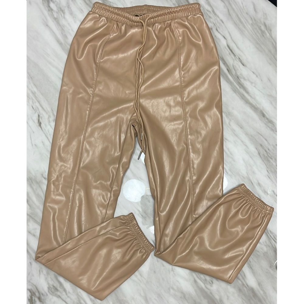 Faux leather tan joggers in XS